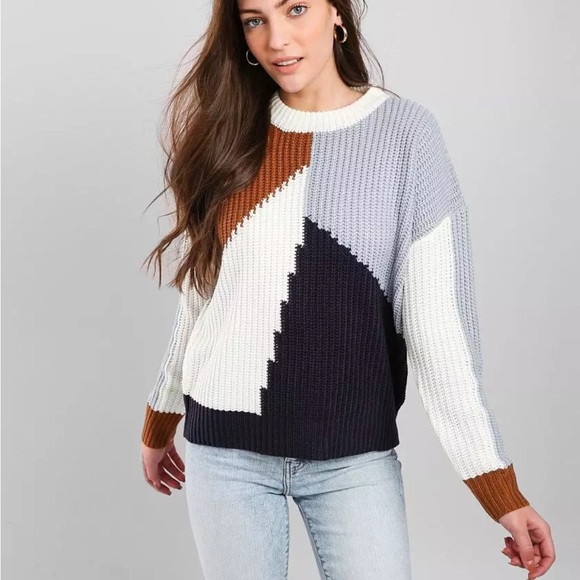 Wishlist Colorblock Crew Neck Sweater - Brown, Blue, Cream - Picture 10 of 11